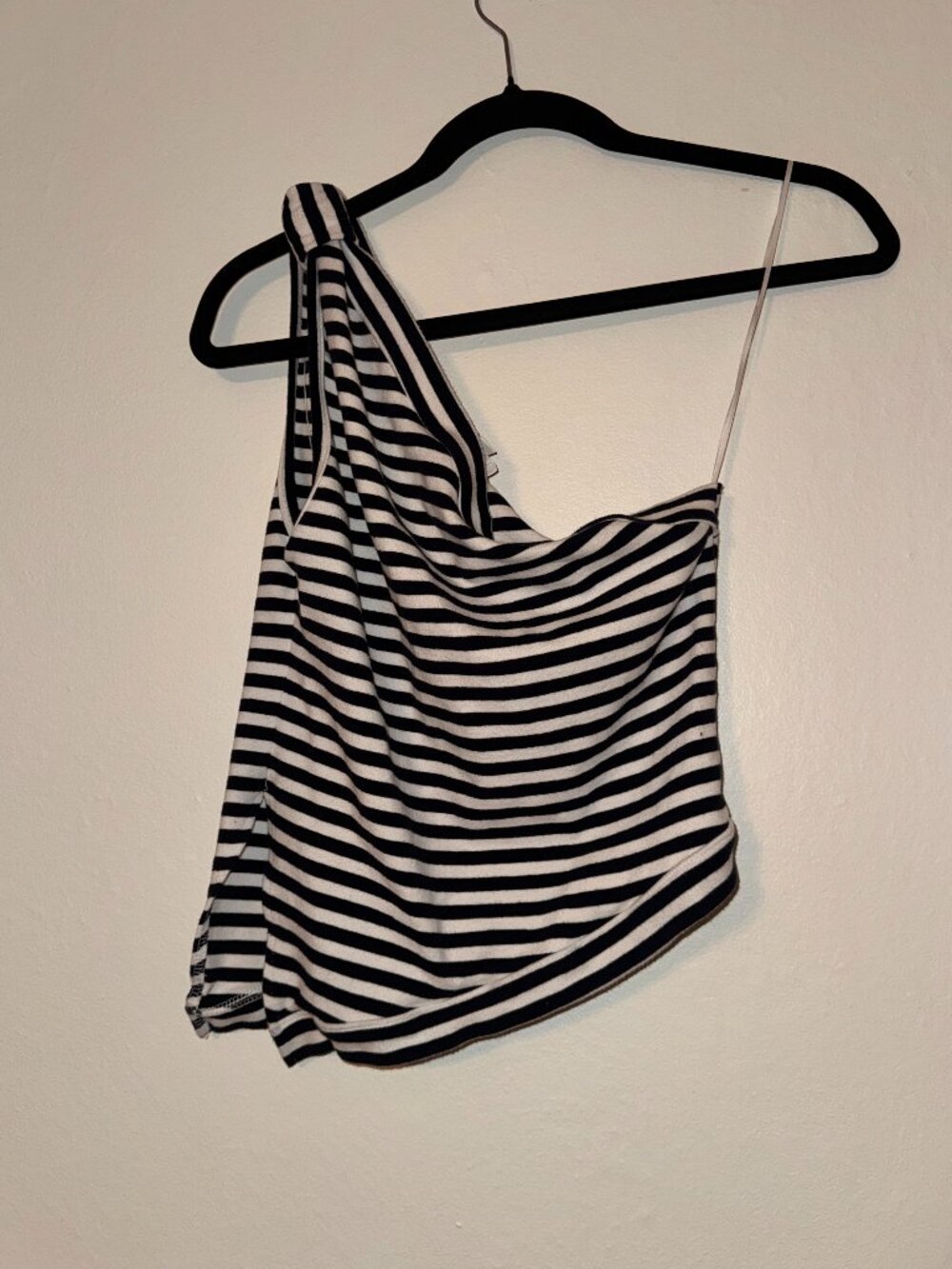 Navy & White Striped One Shoulder Asymmetrical Draped Top